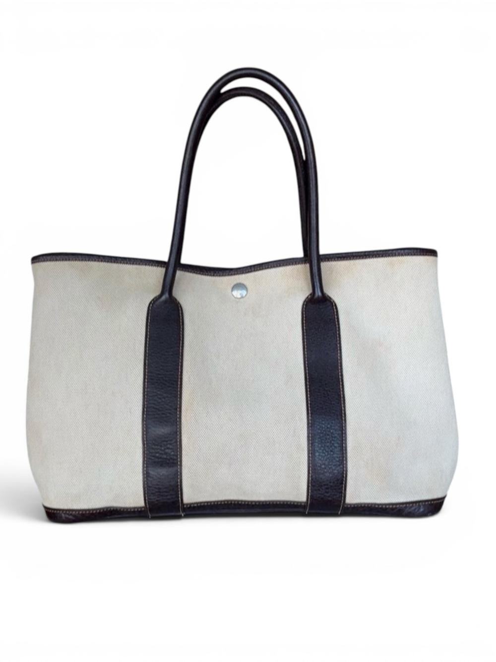 Hermes Cream Canvas Tote with Dark Brown Leather Handles